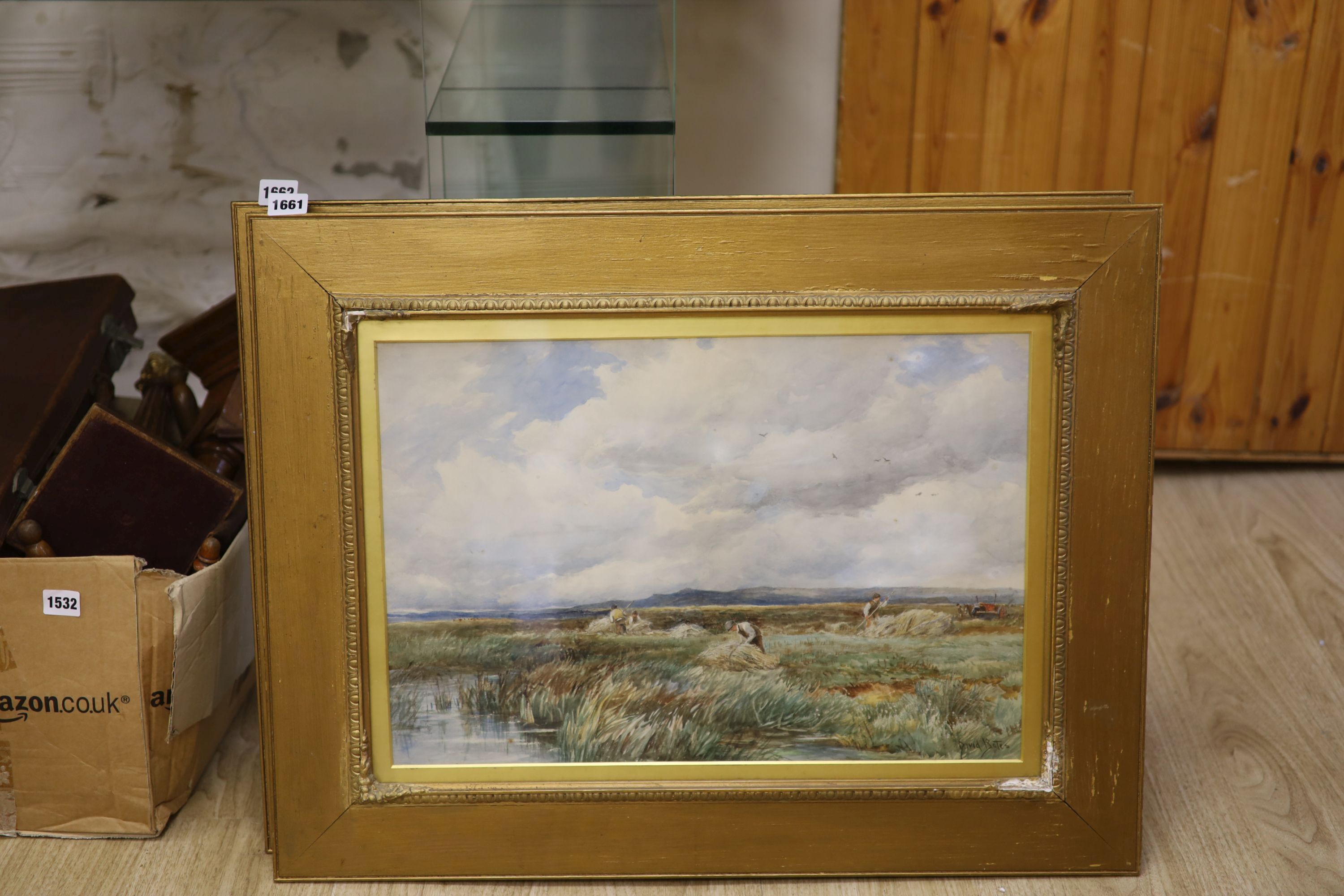 David Bates (1840-1921), watercolour, 'Rush Gathering, Arthog Moor', signed, 36 x 52cm